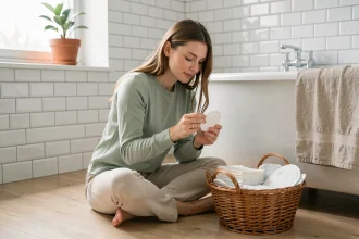 Jeune femme examinant un disque menstruel réutilisable dans une salle de bain minimaliste