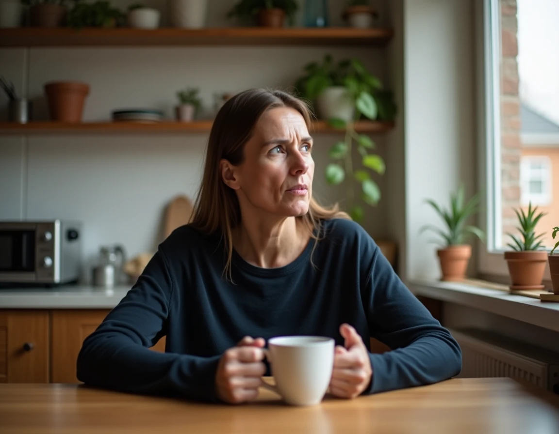 Femme à son domicile tenant une tasse dans les mains avec une expression pensive traduisant une douleur chronique liée au nerf trijumeau