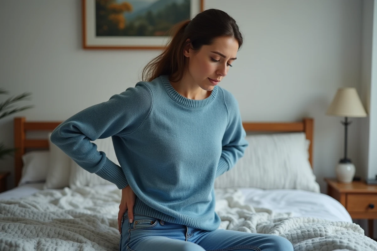 Femme en sweater bleu se tenant le dos dans une chambre chaleureuse