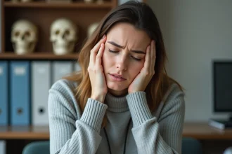 Femme souffrant d'un nerf trijumeau coincé lors d'une consultation neurologique, tenant sa mâchoire avec une expression de douleur discrète