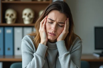 Femme souffrant d'un nerf trijumeau coincé lors d'une consultation neurologique, tenant sa mâchoire avec une expression de douleur discrète