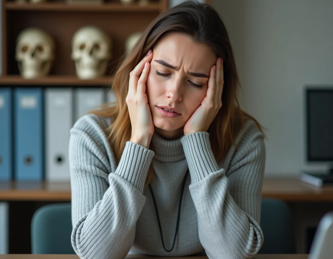 Femme souffrant d'un nerf trijumeau coincé lors d'une consultation neurologique, tenant sa mâchoire avec une expression de douleur discrète