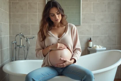 Femme enceinte dans la salle de bain moderne