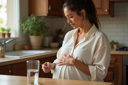 Femme enceinte au troisième trimestre examinant une brûlure bandée sur son doigt index dans une cuisine familiale