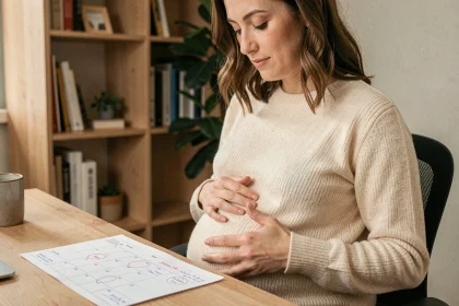Femme enceinte calculant sa date de terme sur un calendrier papier dans un bureau à domicile chaleureux