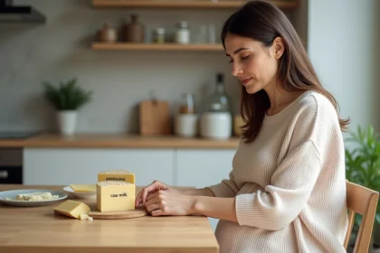 Femme enceinte examine fromages parmesan dans la cuisine