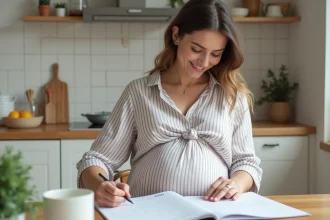 Femme enceinte souriante dans la cuisine avec guide grossesse