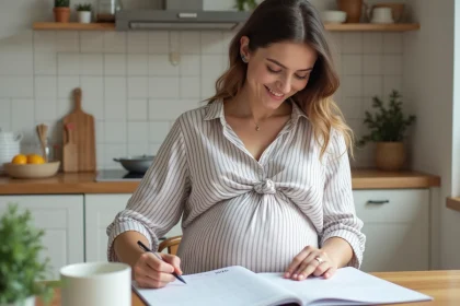 Femme enceinte souriante dans la cuisine avec guide grossesse
