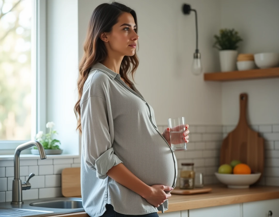 Femme enceinte debout dans une cuisine moderne tenant un verre d'eau, expression préoccupée