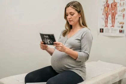 Femme enceinte tenant une échographie dans une salle de consultation obstétrique