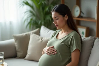 Femme enceinte en fin de grossesse assise sur un canapé, main sur le ventre, expression d'inconfort digestif