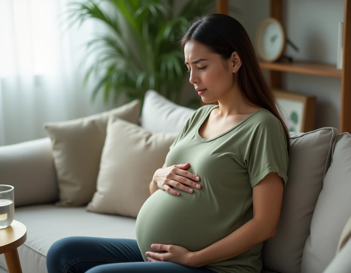 Femme enceinte en fin de grossesse assise sur un canapé, main sur le ventre, expression d'inconfort digestif