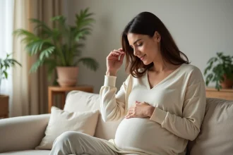 Femme enceinte se grattant la main gauche assise sur un canapé, illustration d'un symptôme courant pendant la grossesse