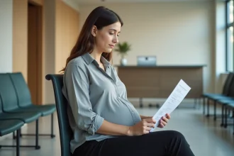 Femme enceinte assise dans une salle d'attente médicale tenant un formulaire pour une radiographie sans ordonnance