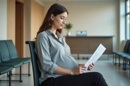 Femme enceinte assise dans une salle d'attente médicale tenant un formulaire pour une radiographie sans ordonnance