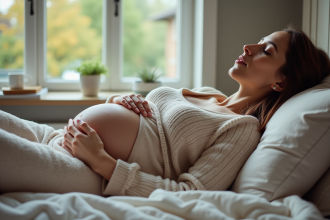 Femme enceinte allongée paisiblement dans son lit