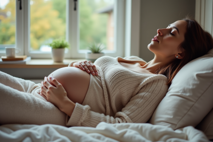 Femme enceinte allongée paisiblement dans son lit