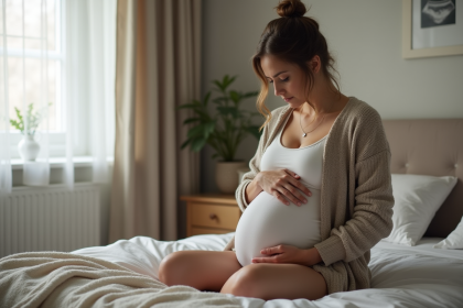 Femme enceinte assise sur le lit dans une chambre douce