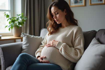 Femme enceinte assise sur un canapé à la maison