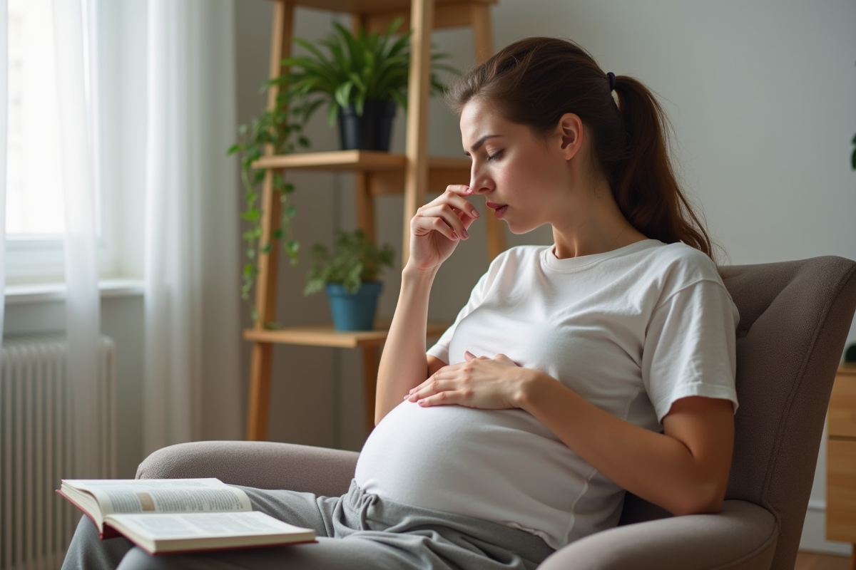 Femme enceinte en détente dans un salon moderne