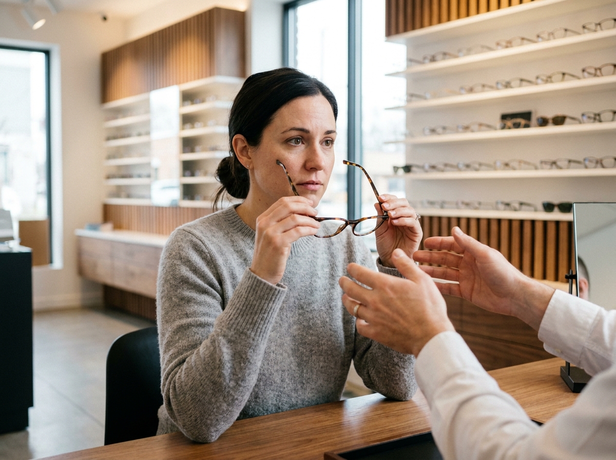 Femme essayant des lunettes dans un magasin d'optique moderne avec un opticien conseil