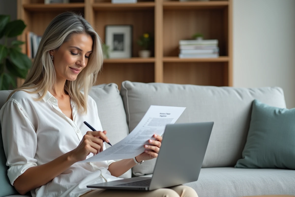 Femme évaluant un programme bien-être en ligne depuis son salon avec des notes manuscrites
