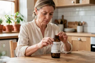Femme d'âge mûr examinant un flacon d'huile de foie de morue en gélules dans une cuisine scandinave en bois