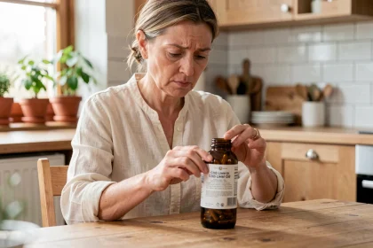 Femme d'âge mûr examinant un flacon d'huile de foie de morue en gélules dans une cuisine scandinave en bois