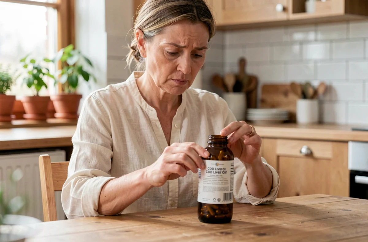 Femme d'âge mûr examinant un flacon d'huile de foie de morue en gélules dans une cuisine scandinave en bois
