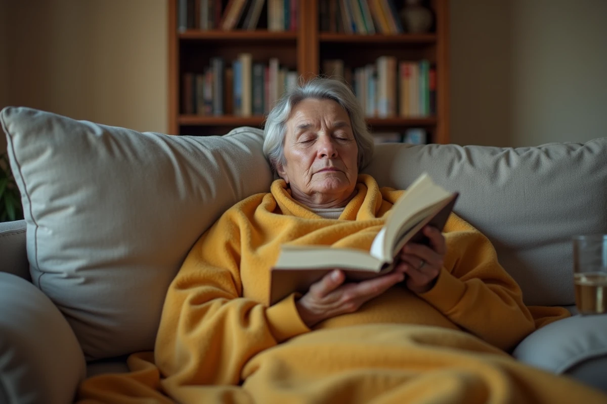 Femme fatiguée se reposant sur un canapé sous une couverture pendant sa convalescence de chimiothérapie, effets secondaires de la fatigue oncologique