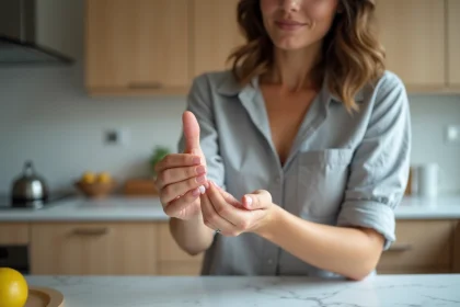 Femme se grattant la paume de la main gauche dans une cuisine moderne, geste naturel et pensif