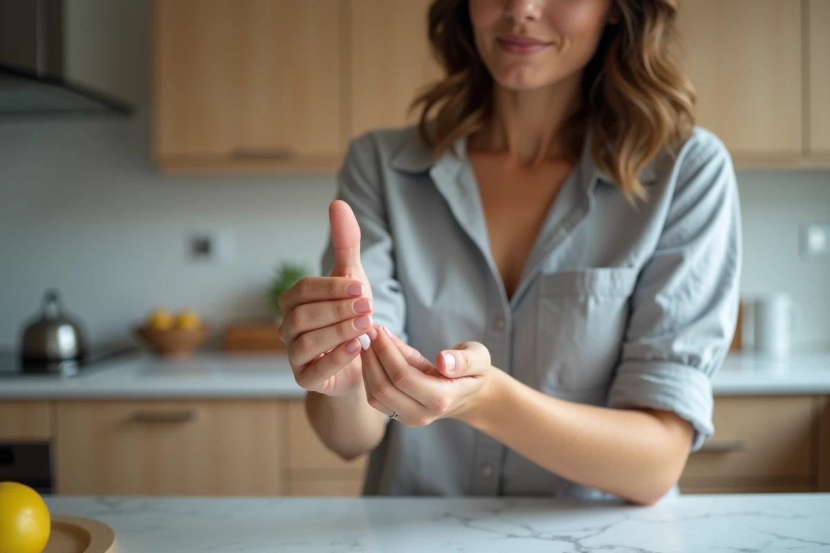 Femme se grattant la paume de la main gauche dans une cuisine moderne, geste naturel et pensif