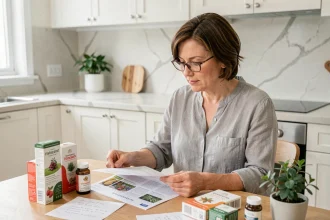 Femme consultant un guide d'achat pour des compléments alimentaires Florapure vessie sur une table de cuisine
