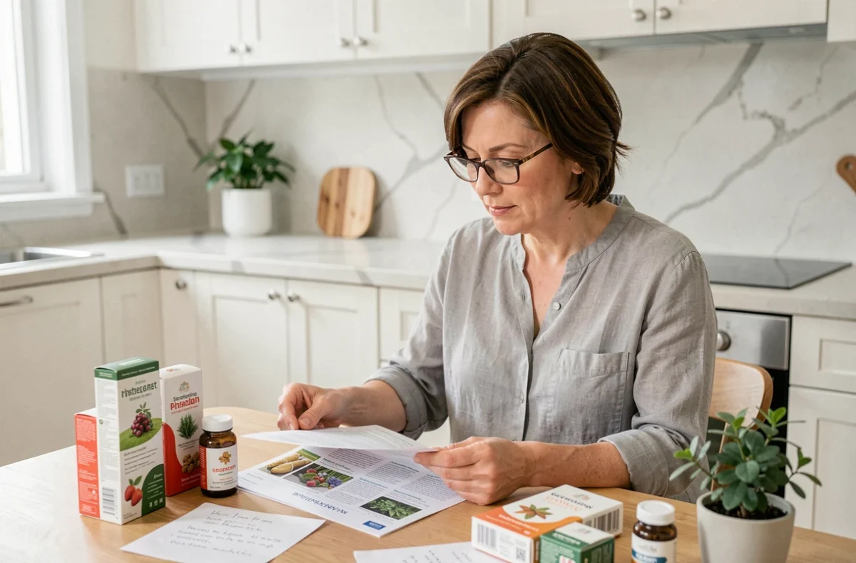 Femme consultant un guide d'achat pour des compléments alimentaires Florapure vessie sur une table de cuisine