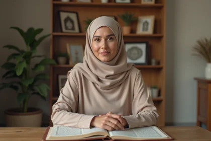 Femme en hijab beige lisant le Quran dans un cadre serein