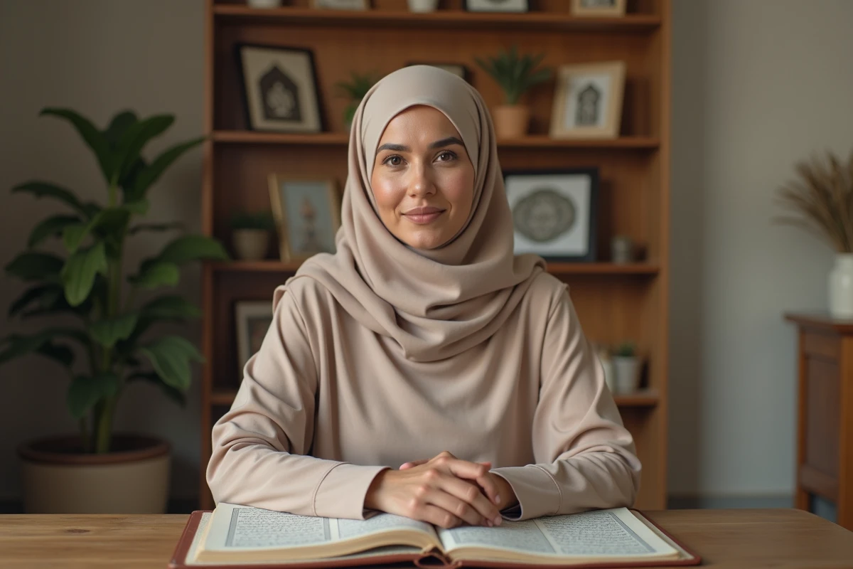 Femme en hijab beige lisant le Quran dans un cadre serein