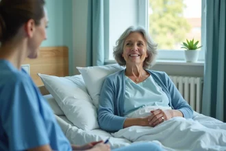 Femme d'&acirc;ge moyen souriante dans un lit d'h&ocirc;pital