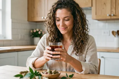 Femme tenant un verre de jus de tamarin frais dans une cuisine moderne, illustrant la consommation quotidienne saine