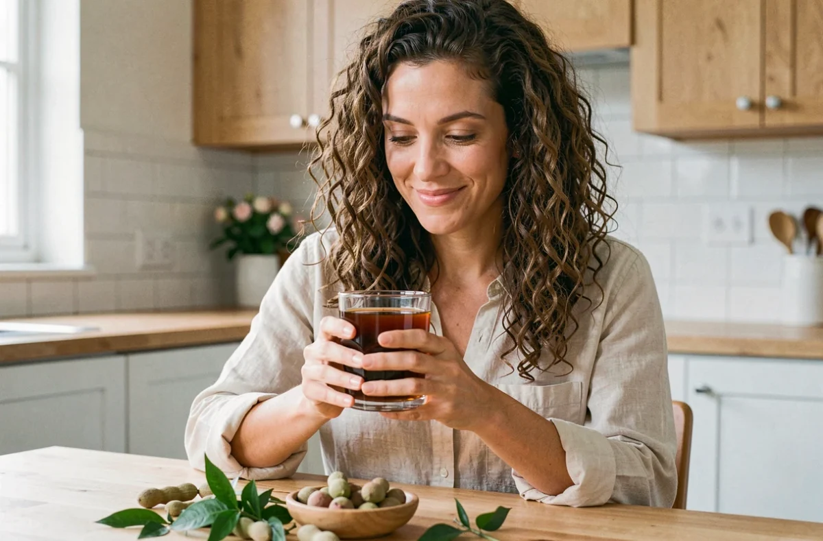 Femme tenant un verre de jus de tamarin frais dans une cuisine moderne, illustrant la consommation quotidienne saine