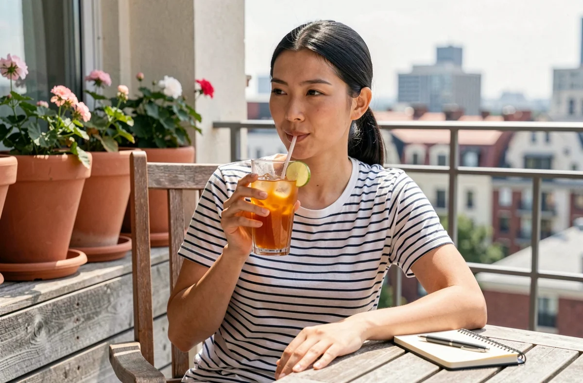 Jeune femme savourant un verre de jus de tamarin glacé sur une terrasse, image lifestyle pour article sur la consommation quotidienne sans danger