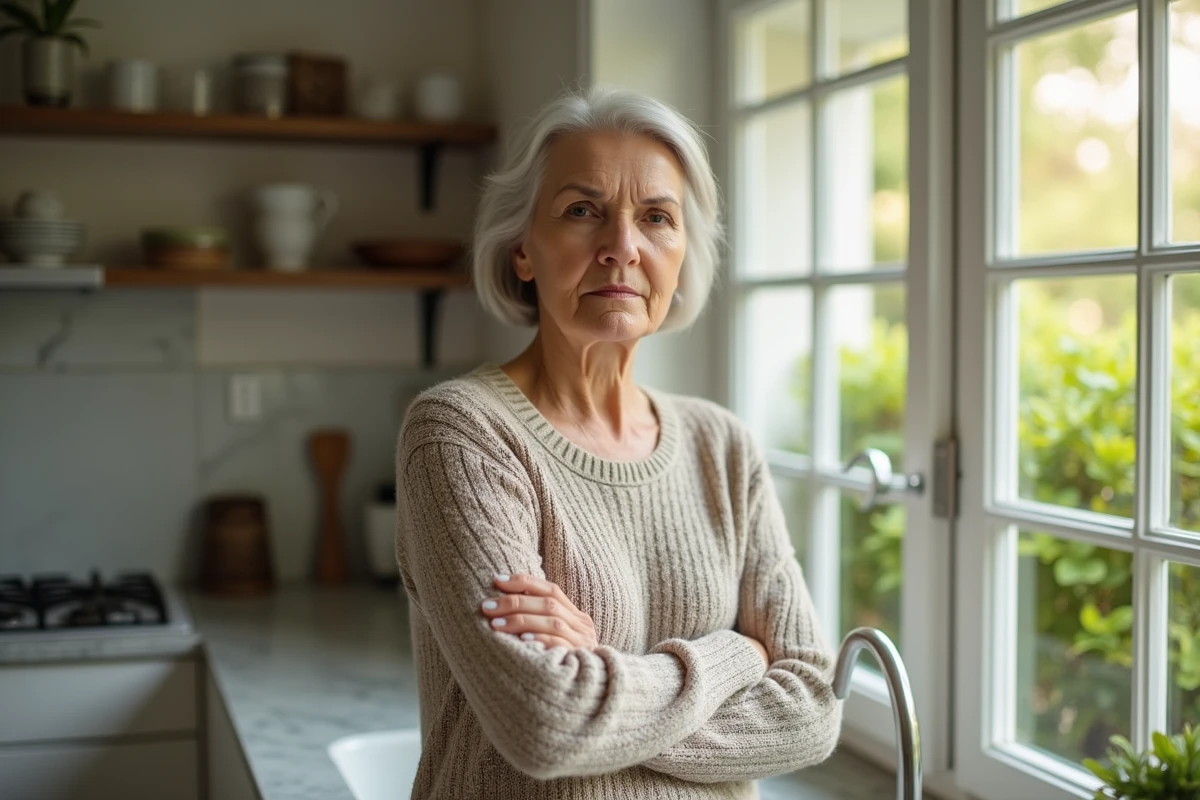 Femme debout près d une fenêtre dans la cuisine lumineuse
