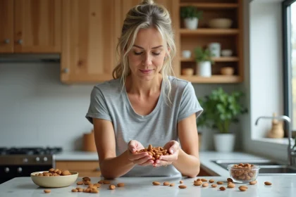 Femme examine des amandes dans sa cuisine lumineuse