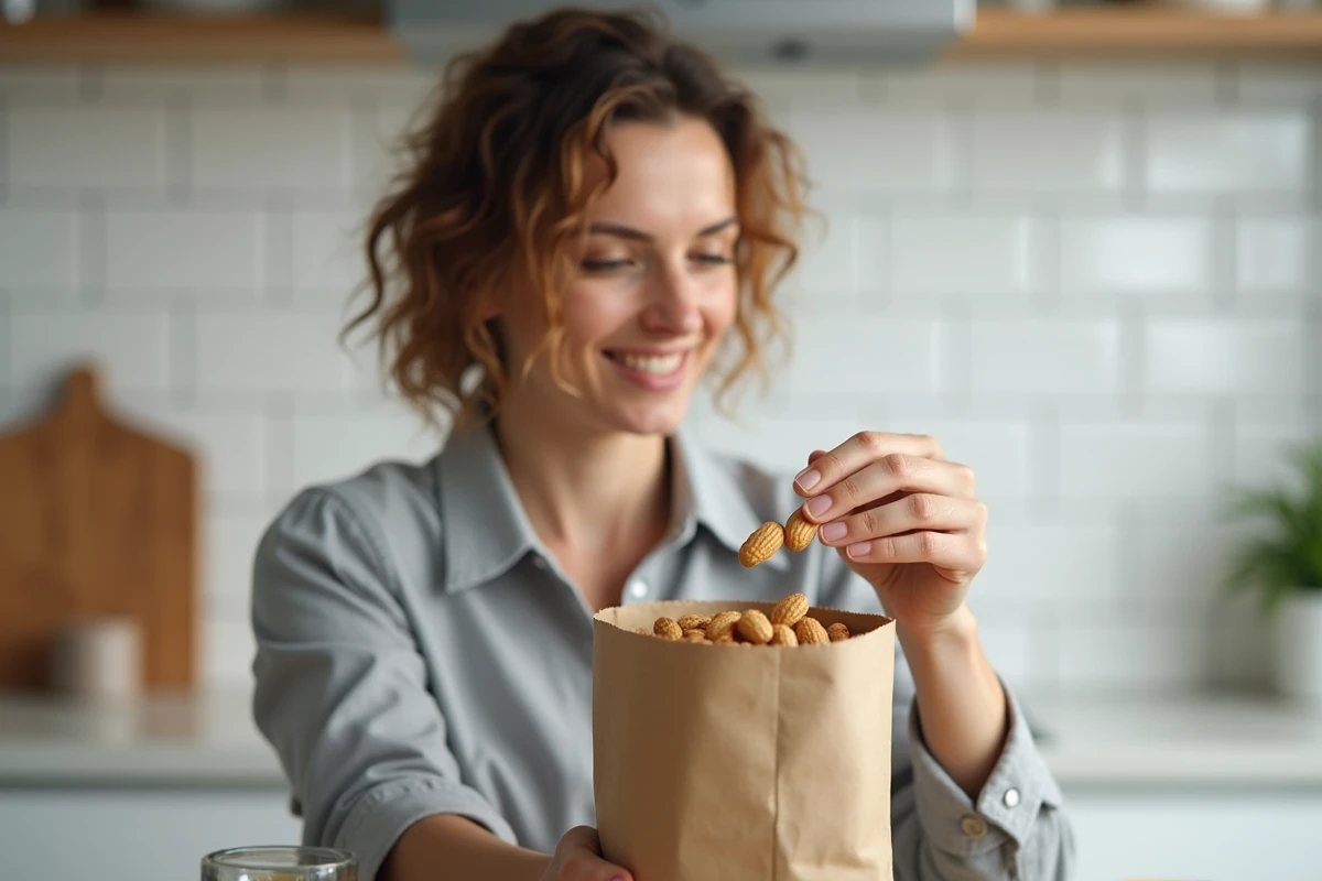 Femme piochant des cacahuètes grillées dans un sachet kraft dans une cuisine moderne
