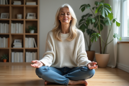 Femme méditant dans un salon minimaliste calme