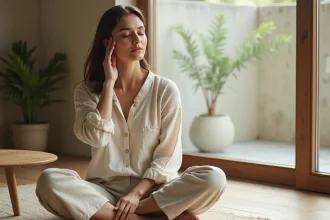 Femme méditant avec la main sur le côté gauche de la tête, dans un intérieur minimaliste en bois, illustrant la signification spirituelle d'un mal de tête côté gauche