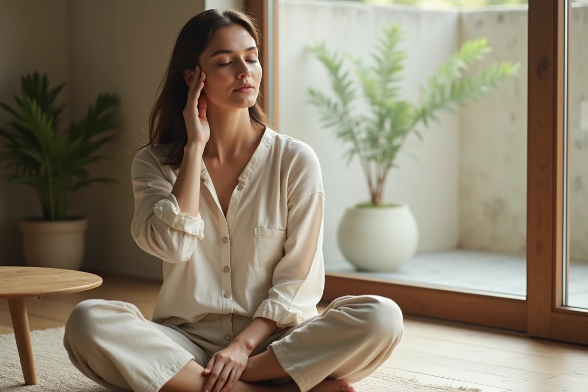 Femme méditant avec la main sur le côté gauche de la tête, dans un intérieur minimaliste en bois, illustrant la signification spirituelle d'un mal de tête côté gauche