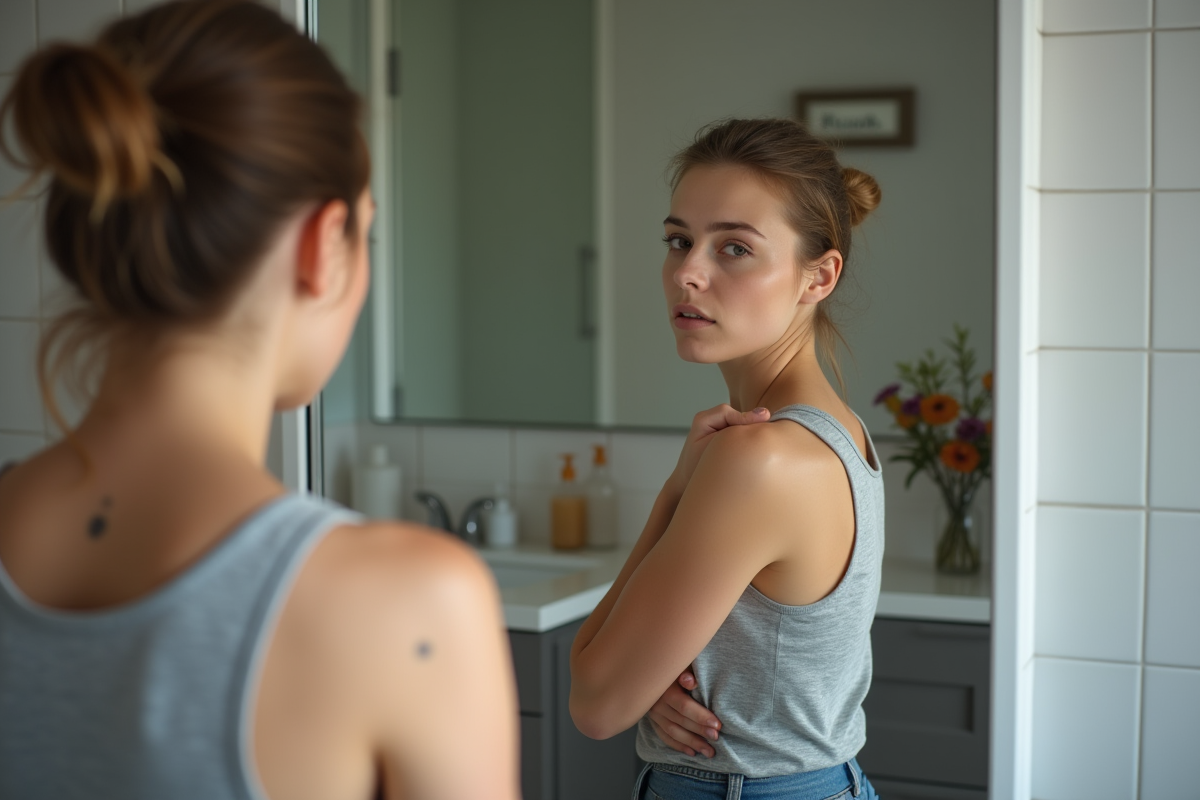 Jeune femme observant un grain de beauté dans son miroir à la maison