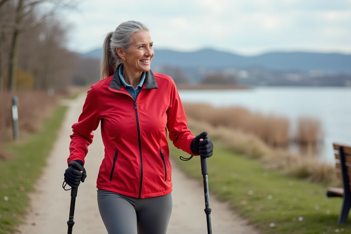 Femme ajustant ses b&acirc;tons de marche au bord de la rivi&egrave;re