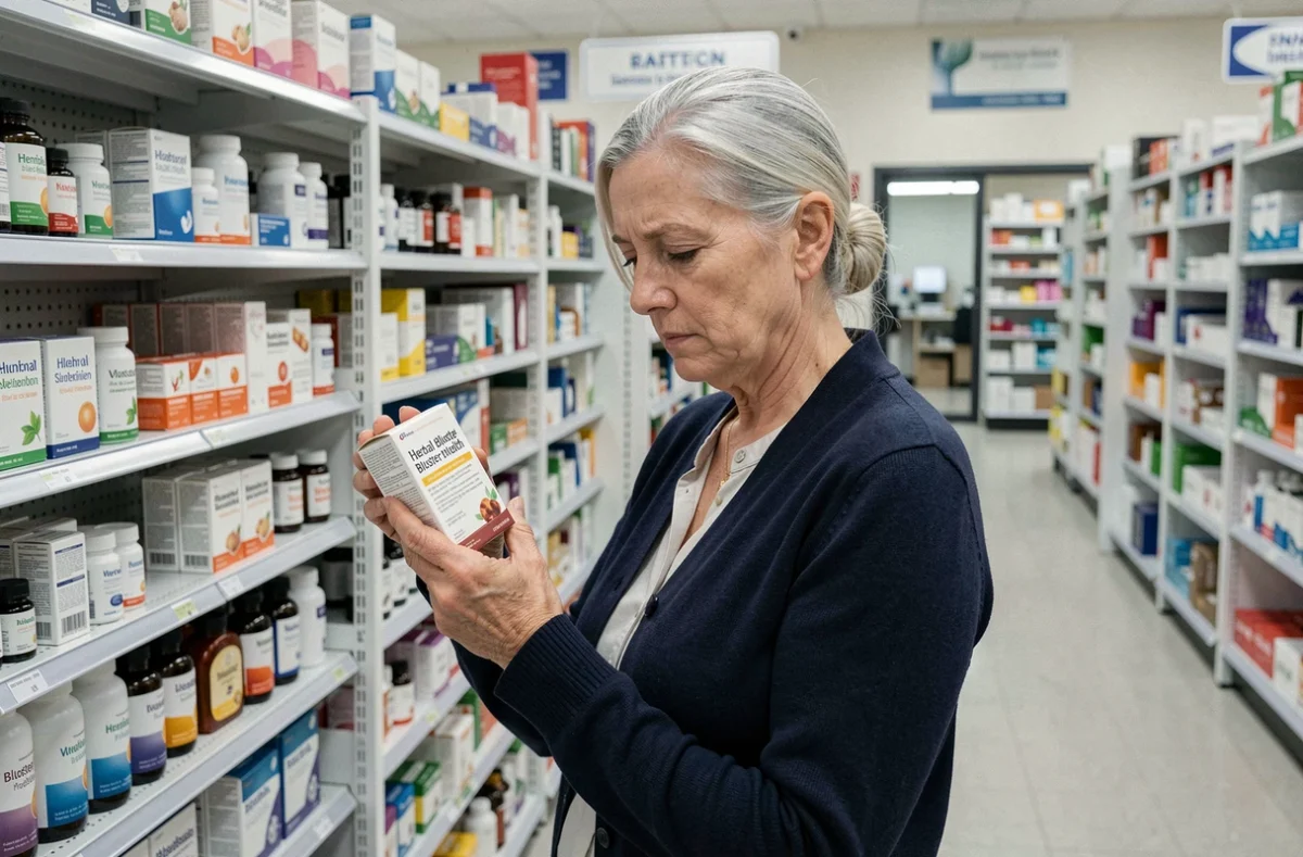 Femme senior dans une pharmacie lisant attentivement l'étiquette d'un complément Florapure pour la santé de la vessie