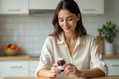 Femme examinant un flacon de probiotiques dans une cuisine moderne, illustration article sur les probiotiques et l'intestin irritable